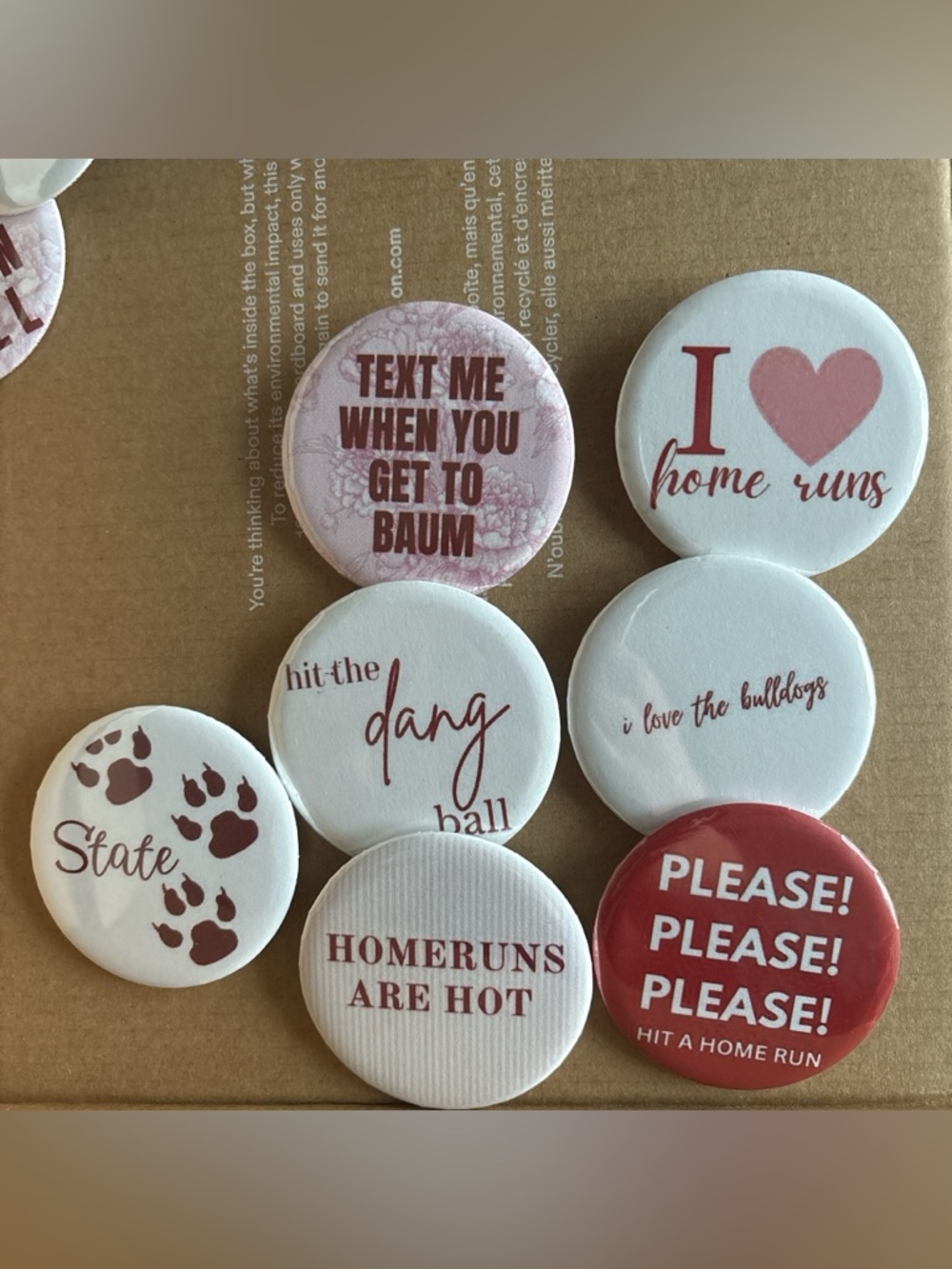 Set of 8 Softball/Baseball Button Pins - White and Maroon